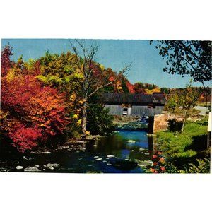 Covered Bridge Johnson Vermont Souvenir Travel Fall Leaves Postcards Vintage